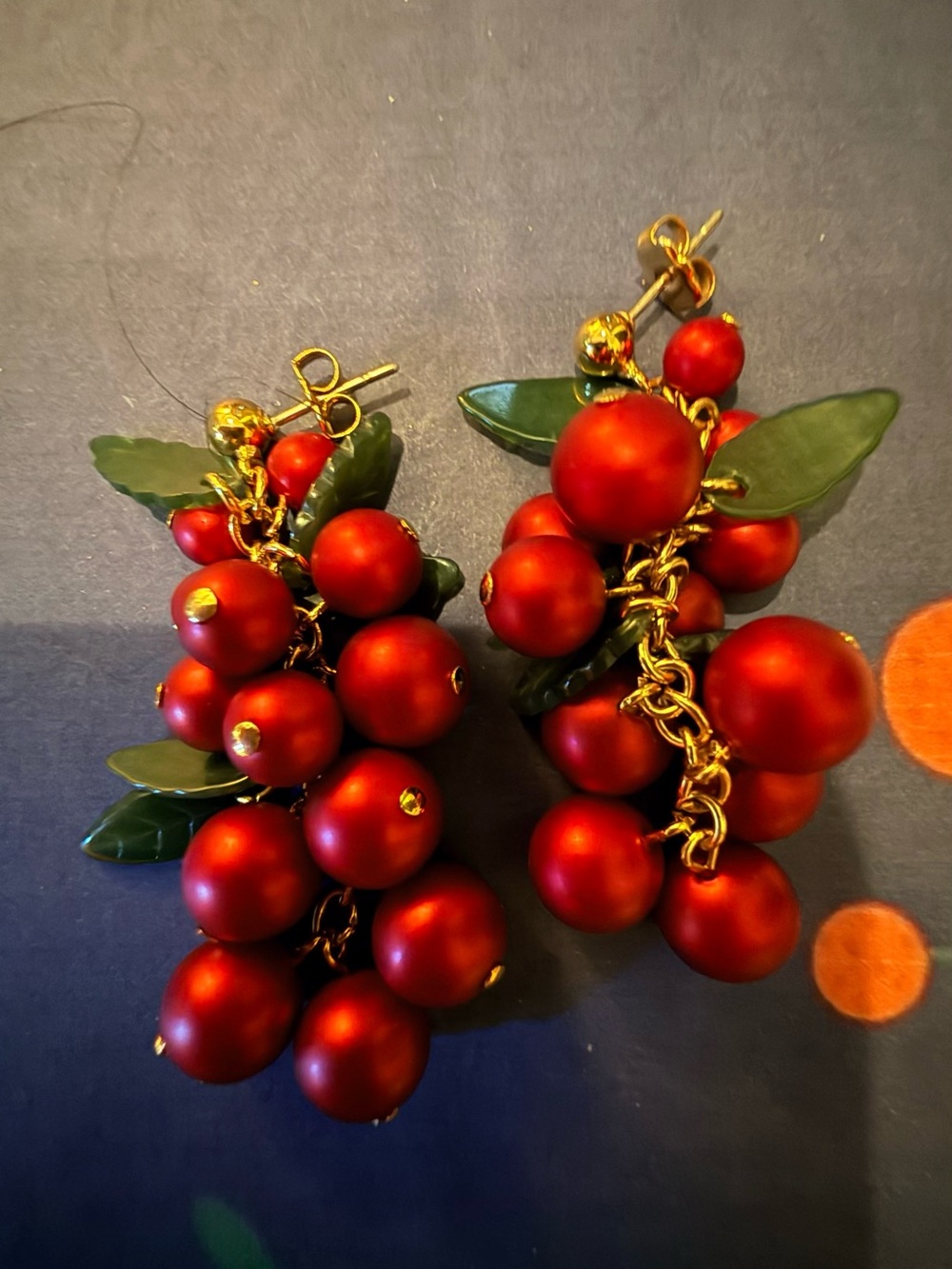 Red Bead Cluster Drop Earrings with Gold Accents